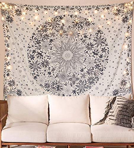 Neasow Bohemian Tapestry Wall Hanging, Beige White Floral Tapestry with Dotted Daisy Medallion Print Bedroom Boho Hippie Home Decor, 50×60 inches - color: White, size: 60"L x 50"W