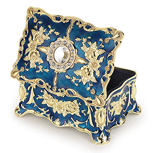 Hipiwe Small Vintage Jewelry Box, Enameled Trinket Box Organizer for Women - color: Blue, size: Small