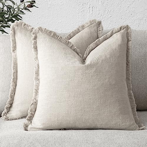 Foindtower Decorative Linen Fringe Throw Pillow Covers 24×24 Inch,Beige - color: Natural Beige, size: 24" x 24" (Pack of 2)