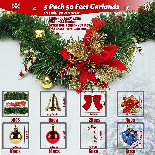 5 Pack 250FT Christmas Garland Flower for Christmas and Non-Lit Soft Greenery Holiday Decor for Outdoor Indoor Artificial Christmas Twist Garland Home Artificial Greenery Wedding Party Decoration - size: 250 Feet/Green
