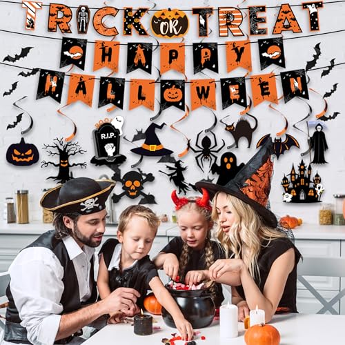 18 Pcs Halloween Party Decorations, Reusable Halloween Decor Indoor, Decorations Kit Included Happy Halloween Banner, Trick or Treat Banner, Ghost Pumpkin Ceiling Hanging Swirls Streamers