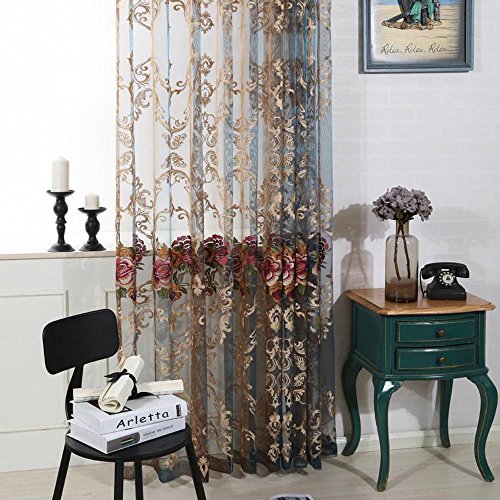 pureaqu Floral Embroidered Luxury Sheer Curtain 84 Inches Long Rod Pocket