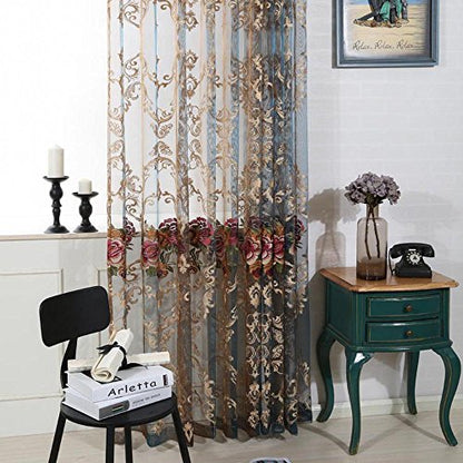 pureaqu Floral Embroidered Luxury Sheer Curtain 84 Inches Long Rod Pocket