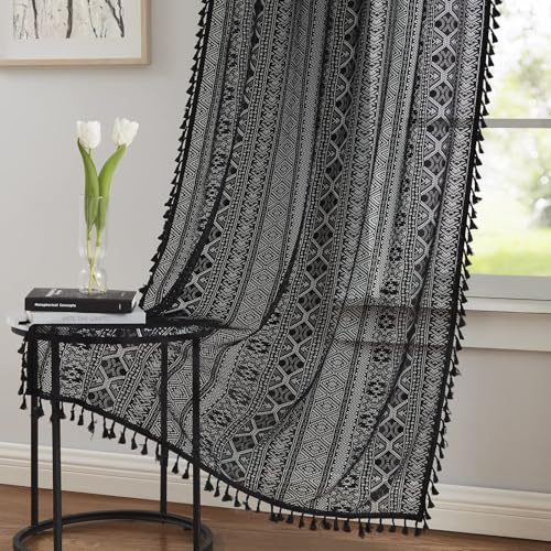 Black Boho Sheer Lace Window Curtains with Tassel, 40" Wx72 Lx2 - color: Black, size: 40"W x 72"L (Pack of 2)
