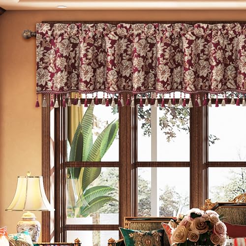 Loom and Mill Elegant Damask Floral Valances for Windows, Rusty Red,54"x18" - color: Rusty Red