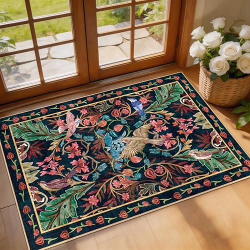 nesrt Bird Area Rug Small 2x3Ft Non Slip,Washable Botanical Entryway Door Mat Indoor, Boho Jungle Bedroom Throw Rugs Soft Kitchen Laundry Floor Mat for Doorway Bathroom Farmhouse Doormat, Dark Green - color: Dark Green, size: 2' x 3' (Rectangular)