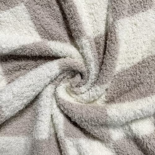 Ultra Soft Checkered Blanket Cream Cozy Buffalo Check Throw Fluffy Knitted Reversible Throw Blanket Lightweight Fleece Checkerboard Grid Blanket for Sofa Couch Bed Travel, Taupe/White, 51''x63'' - color: Taupe/White
