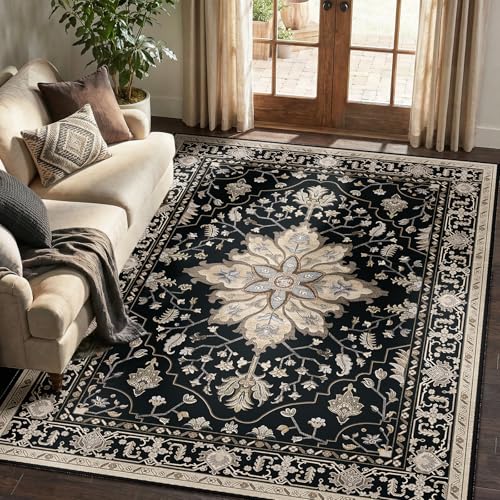 RELEANY Washable Area Rug, 5'x7', Black/Neutral - color: Black/Neutral, size: 5' x 7' (Rectangular)