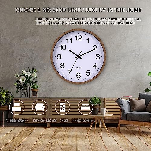 Wall Clock 12 Inch Wooden Frame Glass Cover Non-Ticking Number Quartz Modern Quartz Design Decorative Bedroom Kitchen Office Classroom Dark Brown - color: Dark Brown