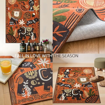 jinchan 2x3 Cute Area Rug Kids Washable Fun Rug Terracotta Boho Jungle Mat - color: Jungle Parade Orange, size: 2' x 3' (Rectangular)