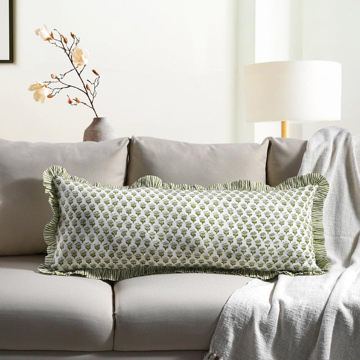 CPC Emerald Green Block Print Ruffle Sham Pillow Cover 14x36 Inch Pack of 1 - color: Emerald Green, size: 36" x 14" (Pack of 1)