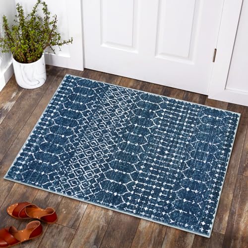 Lahome Moroccan Indoor Rugs for Entryway 2x3 Area Rug Non-Slip Backing Washable Inside Door Mats Low-Profile Throw Soft Rugs for Bathroom, Geometric Print Distressed Blue Rug for Kitchen Bedside Hana - color: Blue, size: 2' x 3' (Rectangular)