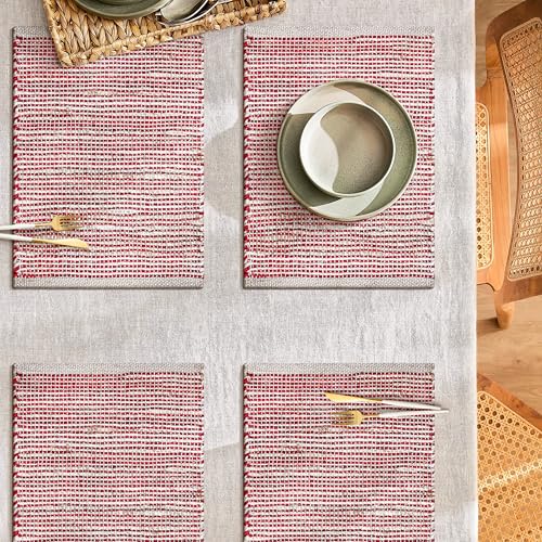 Cotton/Jute Placemats Set of 4-13x19 Inch - Natural - Red - color: Natural - Red