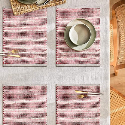 Cotton/Jute Placemats Set of 4-13x19 Inch - Natural - Red - color: Natural - Red