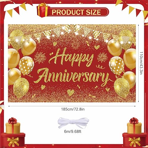 Wedding Anniversary Banner Red Gold Happy Decorations for Women Men Party, Indoor Outdoor Decor Supplies 71 * 43 Inch