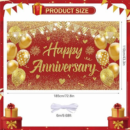 Wedding Anniversary Banner Red Gold Happy Decorations for Women Men Party, Indoor Outdoor Decor Supplies 71 * 43 Inch