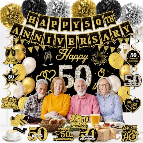 Black Gold Happy 50th Wedding Anniversary Party Decorations Supplies Kit