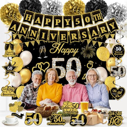 Black Gold Happy 50th Wedding Anniversary Party Decorations Supplies Kit