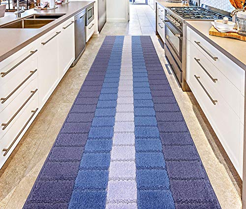 REMNAZ Wide Non-Slip Rubber Backed Hallway, Kitchen Runner Rug | 31 Inch x 7 ft Custom Size Cut to Length | No Rug Pad Needed | Stay Put, Flat Lay, Won't Curl | Coastal Multi-Blue - color: Squares / Blue, size: 31 inch Width X 7 Feet Length