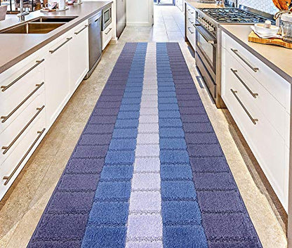 REMNAZ Wide Non-Slip Rubber Backed Hallway, Kitchen Runner Rug | 31 Inch x 7 ft Custom Size Cut to Length | No Rug Pad Needed | Stay Put, Flat Lay, Won't Curl | Coastal Multi-Blue - color: Squares / Blue, size: 31 inch Width X 7 Feet Length