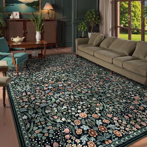 Lahome Dark Botanical 9x12 Rug, Black Floral Washable Rug for Living Room - color: Black, size: 9' x 12'