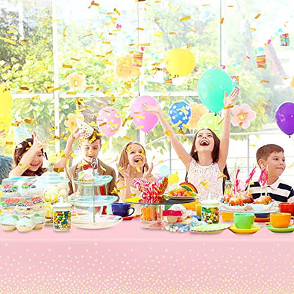 Mulbozy 2 Pcs Pink Tablecloth 54"×108" Gold Dot Pink Table Cloth, Pink Disposable Plastic Tablecover for Birthday, Baby Shower, Picnic, Camping, Event & Parties… - color: Gold Dot-pink, size: 54" X 108" Rectangle