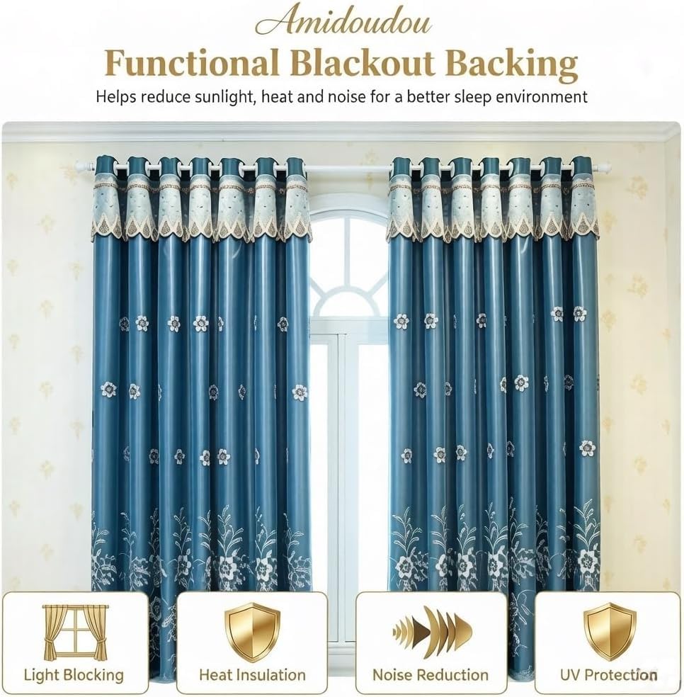 Amidoudou 1 Pair European Double Layer Curtains for Living Room Bedroom Luxury Flower Embroidered Curtains with Valance (Blue,52x95 Inch) - color: Blue, size: 52"W x 95"L (Pack of 2)