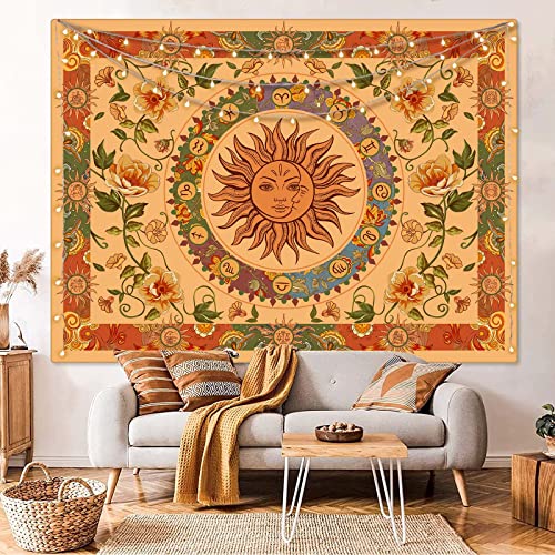 Aipon Yellow Sun and Moon Tapestry Hippie Indie Tapestries Boho Orange Flower Floral Tapestry Wall Hanging Cool Vintage Aesthetic Wall Tapestry for Bedroom Living Room Dorm (80'' × 60'', Orange) - color: Orange, size: 80"L x 60"W