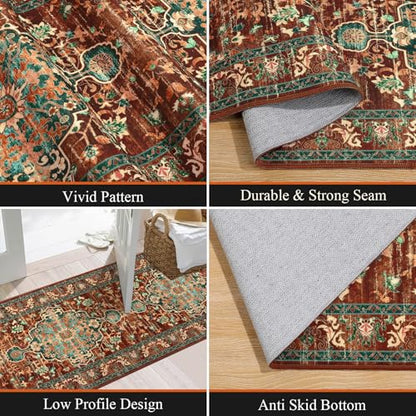 U'Artlines 2' x 10' Boho Hallway Runner Rug, Washable Carpet, Rust＆Teal - color: Rust＆teal, size: 2' x 10' (Runner)