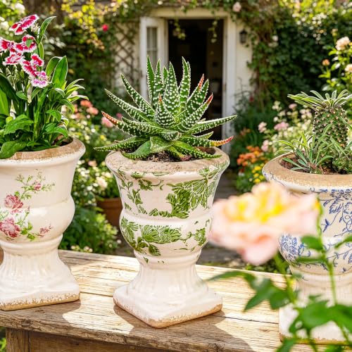 Sungmor Small Ceramic Urn Planter - Green Floral Pedestal Flower Pot - color: Green