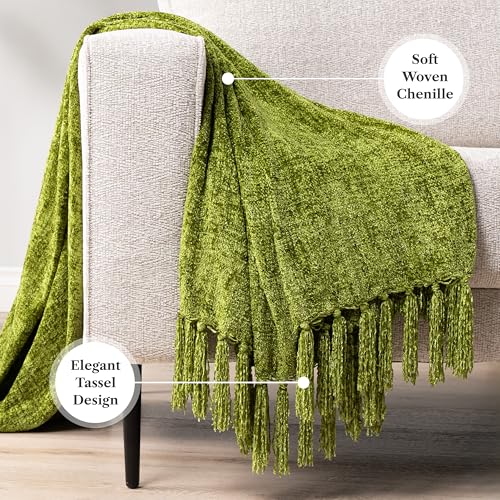 PAVILIA Chenille Throw Blanket, Knit Twin Size Tassel Throw, Olive 60x80 - color: Olive, size: 60 X 80 Inches - Twin