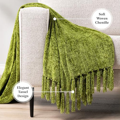 PAVILIA Chenille Throw Blanket, Knit Twin Size Tassel Throw, Olive 60x80 - color: Olive, size: 60 X 80 Inches - Twin