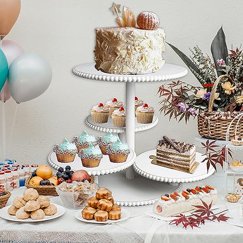 GENMOUS 4 Tiered Beaded Cake and Cupcake Stand Combo for Birthday Party Decor, Rustic Wooden Cupcake Tower Stands for 50 Cupcakes, White Cupcake Tier Stand Display for Wedding Baby Shower Tea Party