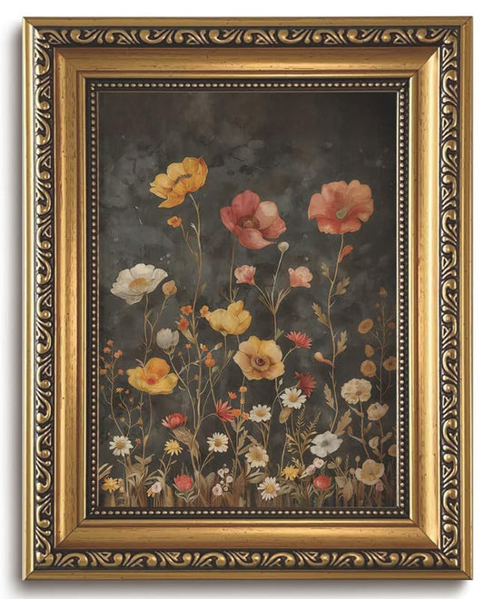 Vintage Floral Gold Framed Canvas Wall Art 8x10 | Dark Academia Wall Decor, Wildflower Botanical Canvas Print, Moody Vintage Floral Picture - color: Dark wildflower, size: 10"L x 8"W