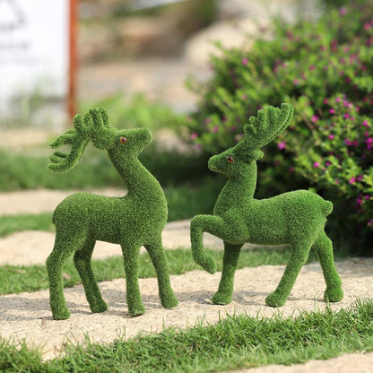 Decorative Moss Reindeer Figurines, Set of 4 - Green Flocked Deer Statues for Woodland Christmas Table Centerpiece, Indoor Mantel Shelf and Garden Decor
