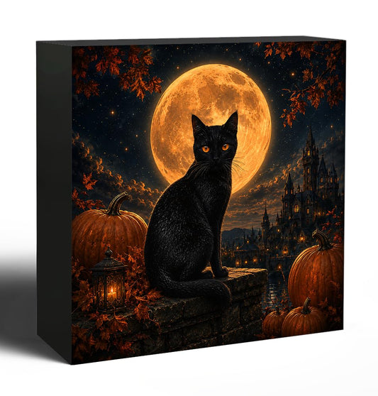 Moonlit Black Cat Halloween Wooden Box Decorative Sign 5x5 Inch - color: H