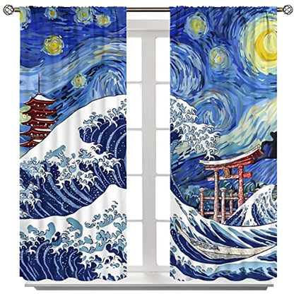 Japanese Asian Art Blackout Curtains - Blue Anime Ocean The Great Waves Fantasy Starry Sky Torii Rod Pocket Window Curtain Set Energy Saving Thermal Insulated Drapes,2 Panels 54L x 21W - color: Japanese Asian Art, size: 21"W x 54"L (Pack of 2)
