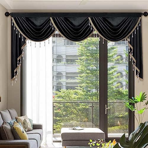 ELKCA Luxury Black Velvet Curtain Valances for Living Room with Beads(98inch,1 Panel) - color: Black, size: 98"W x 43"L (Pack of 1)