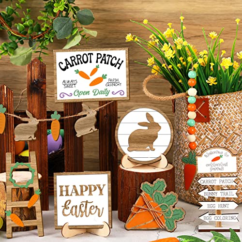 Jetec 12 Pcs Easter Tiered Tray Decor Wooden Carrot Patch Bunny Egg Tiered Tray Items Happy Easter Signs for Spring Home Farmhouse Rustic Kitchen Decorations (Wooden Bunny) - style: Wooden Bunny