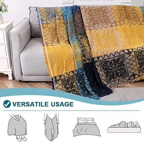 Turquoize Boho Couch Cover Bohemian Cotton Sofa Cover Sofa Throw Cover for Couches Sofa Slipcover Sectional Sofa Couch Covers Feature Hippie Chenille Jacquard Fabric(91"x 134",XX-Large,Yellow Navy) - color: Yellow/Navy, size: XX-Large: 91"x 134"