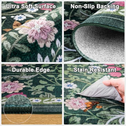 PLHXFR Area Rug 9x12 Living Room: Floral Washable Boho Carpet Dark Green - color: Dark Green, size: 9' x 12' (Rectangular)