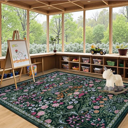 PLHXFR 6x9 Area Rug Living Room: Floral Washable Boho Carpet Dark Green - color: Dark Green, size: 6' x 9' (Rectangular)