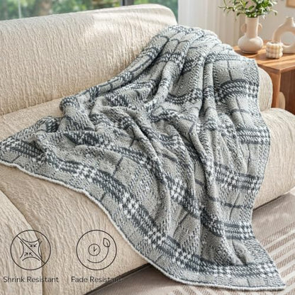 Fuzzy Knit Checkered Throw Blanket 50"x60" Fleece Blanket Grey