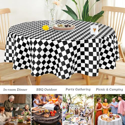 Mulbozy 2 Pcs Checkered Round Plastic Tablecloth, 84 inches Disposable - color: Checkered-black White, size: 84" Round