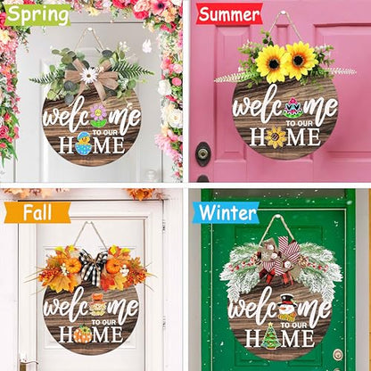 Interchangeable Welcome Sign for Front Door with 4 Seasonal Wreaths 21 Changeable Icons, Farmhouse Rustic Outdoor Welcome Signs Porch, Spring Winter Fall Decorations for Home House Warming Gifts