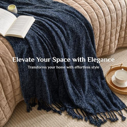 BEDELITE Soft Cozy Chenille Knit Throw Blanket with Tassel,Farmhouse Boho - color: Navy, size: Throw(50"x60")