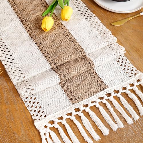 120 inch Boho Table Runner with Tassels Khaki Striped Fall Decor - color: Khaki Stripes