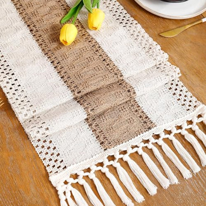 120 inch Boho Table Runner with Tassels Khaki Striped Fall Decor - color: Khaki Stripes
