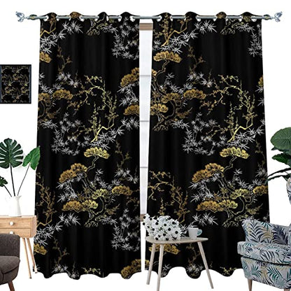 Cool Japanese Curtains,Modern Black Gold Japanese Chinese Pine Pattern Window Drapes Thermal Insulated Grommet Blackout Curtains for Bedroom 2 Panels 54L x 21W - color: Cool Japanese, size: 42"W x 54"L (Pack of 1)