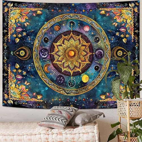 Lunerfex Mandala Solar System Tapestry Boho Tapestry for Bedroom Galaxy Tapestries Wall Hanging Living Room Wall Art and Home Decor 60x80 - color: Blue, size: 80"L x 60"W